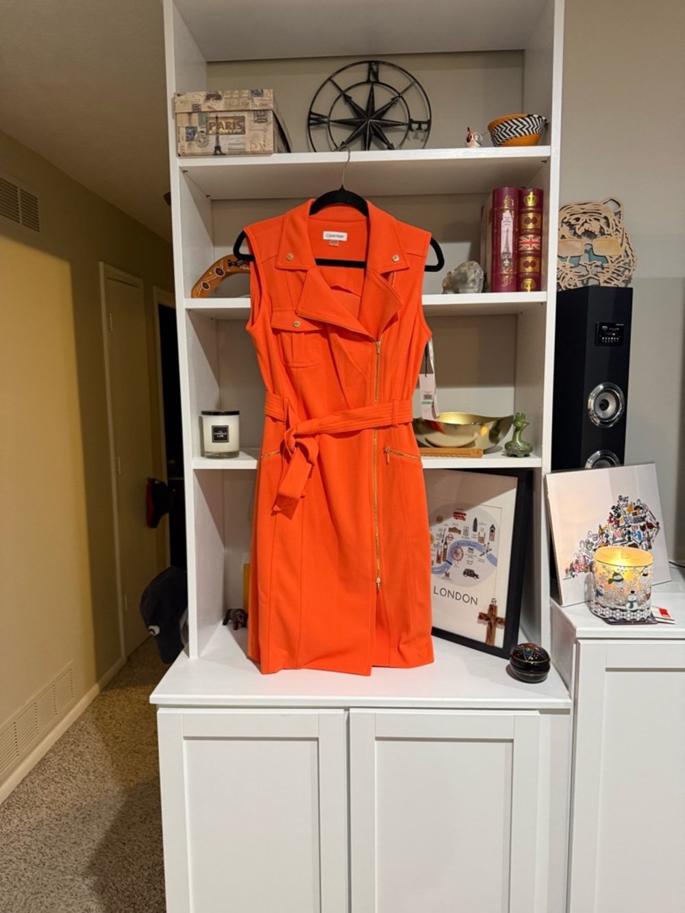 Calvin Klein Sleeveless Belted Orange Zip-Front Dress